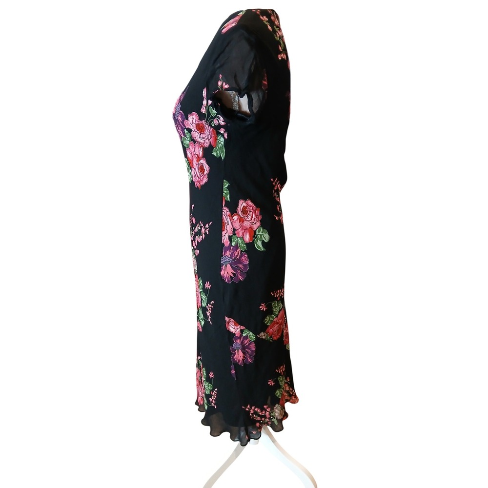 VTg y2k Bias Cut Black Dark Pink Floral Rose Midi Dress Beaded V-Neck sz 8 - Picture 4 of 12